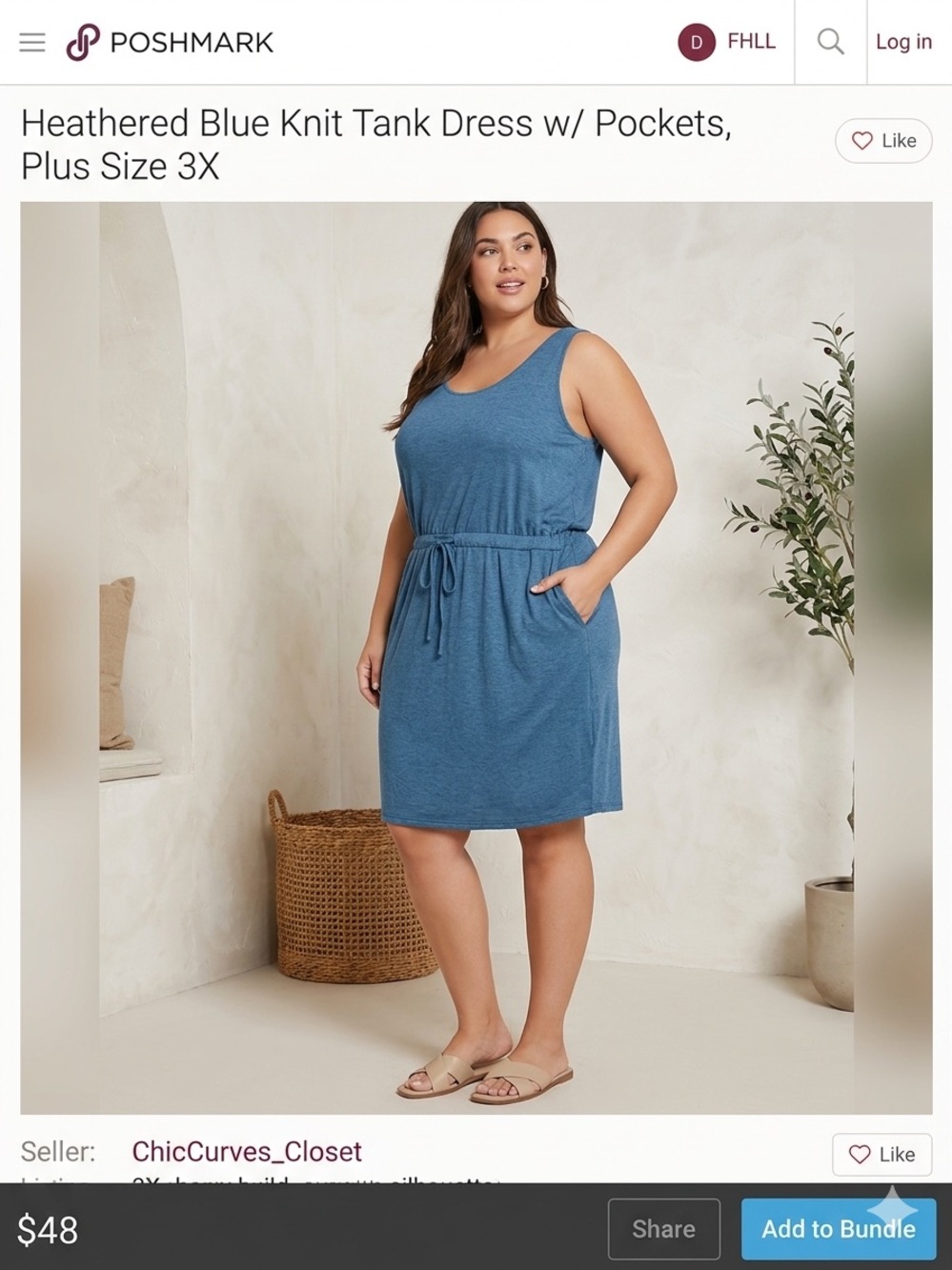 Heathered Blue Knit Tank Dress with Pockets - Plus Size 3X